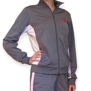 Puma track jacket size medium, gray & white zip-up, pockets & stand-up collar